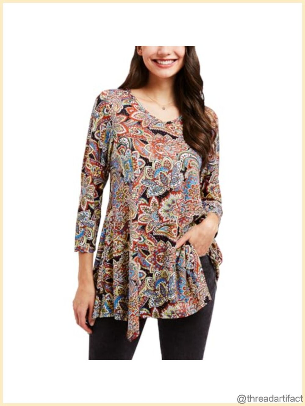 Womens Plus Size Tunic Top 3/4 Sleeve Flare Hem Paisley Print Loose Fit Blouse